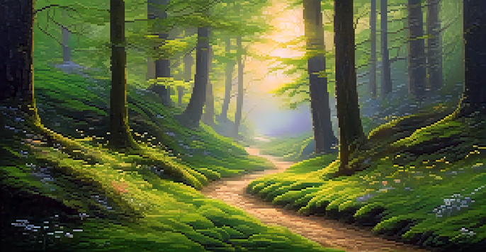 A peaceful forest path at dusk with golden sunlight filtering through trees and wildflowers along the way.