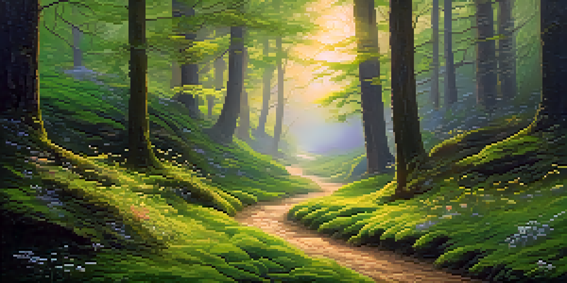 A peaceful forest path at dusk with golden sunlight filtering through trees and wildflowers along the way.