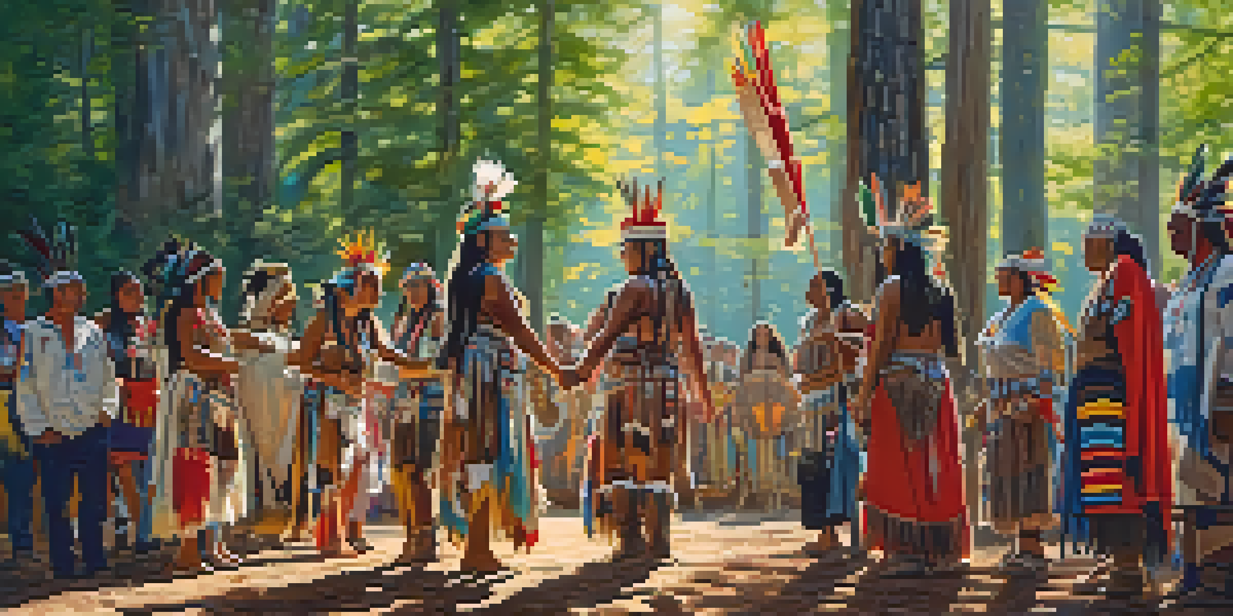 A Native American Sun Dance ceremony with participants dancing in traditional attire, surrounded by trees and sunlight filtering through the leaves.