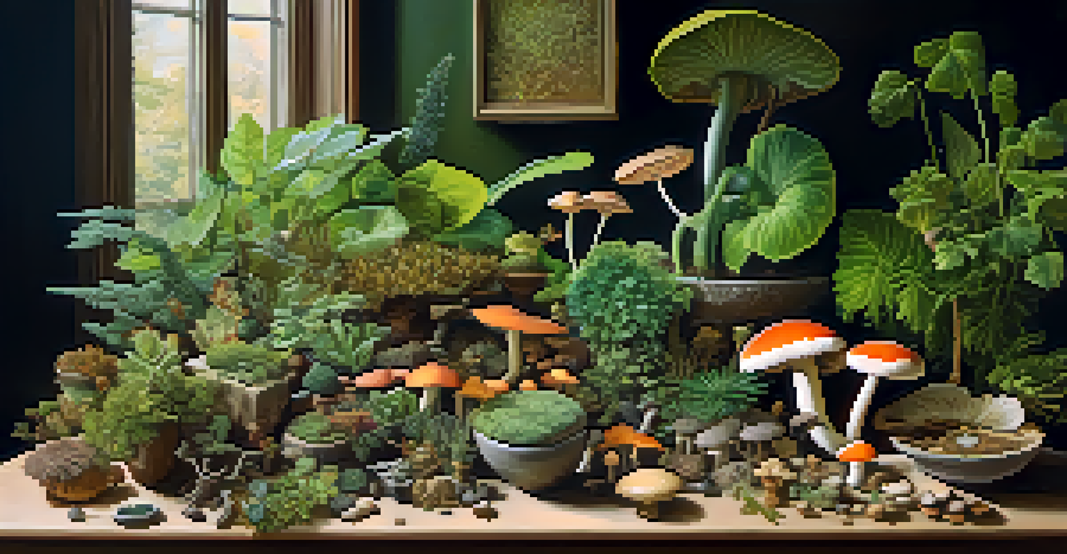 A close-up of a table with various entheogenic plants and fungi, showcasing their textures and colors.