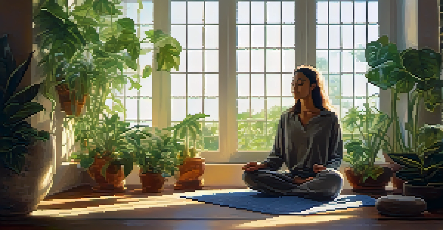 A person meditating in a sunlit room surrounded by plants and candles, creating a serene and calming atmosphere.