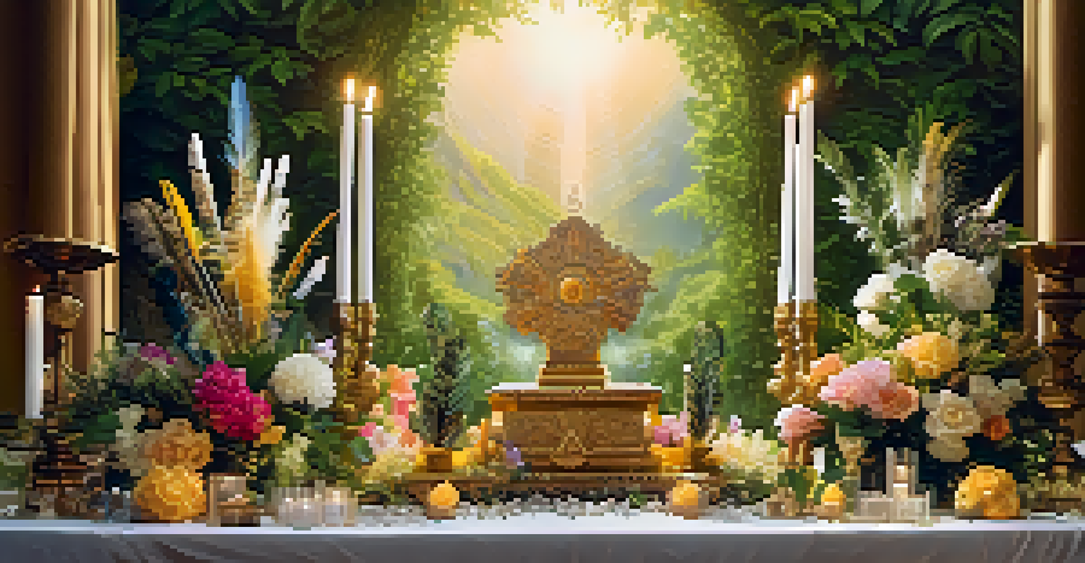 A close-up of an altar arranged with natural elements like crystals and flowers, illuminated by soft golden light in a lush green setting.