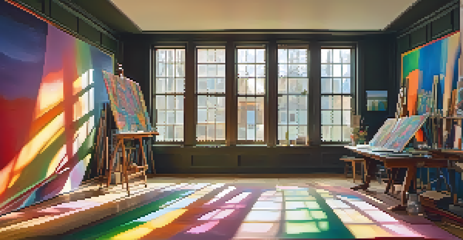 An artist's studio filled with colorful psychedelic artwork, an easel with a painting, and soft lighting creating colorful shadows.
