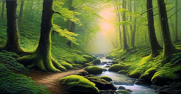 A peaceful forest path at dawn with sunlight filtering through the trees and a small stream reflecting the light.