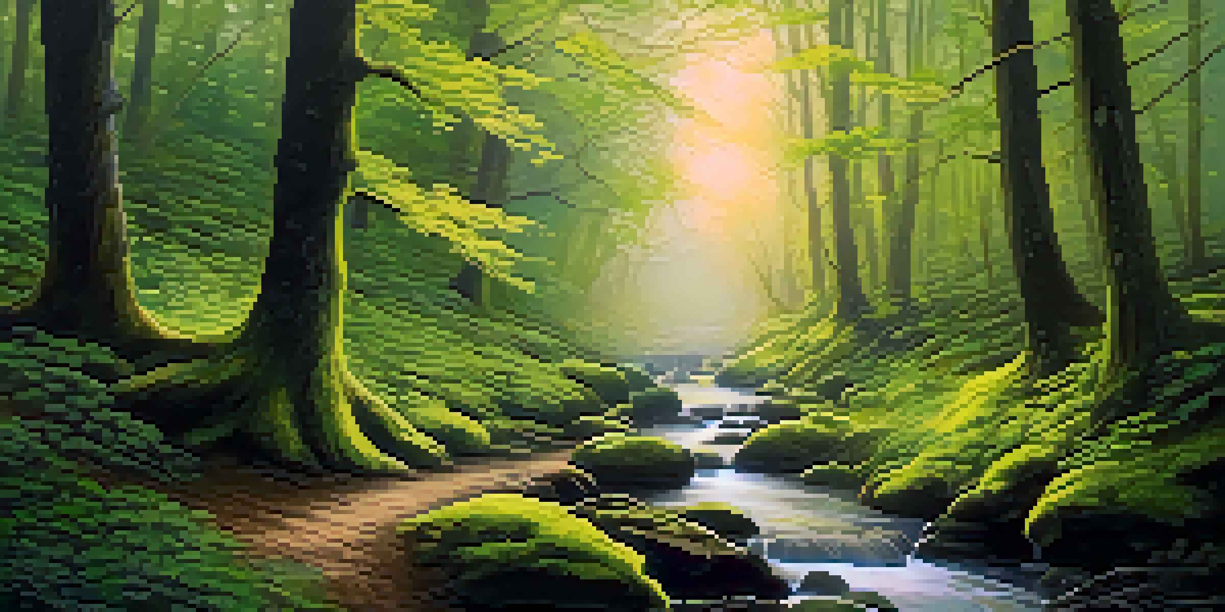 A peaceful forest path at dawn with sunlight filtering through the trees and a small stream reflecting the light.