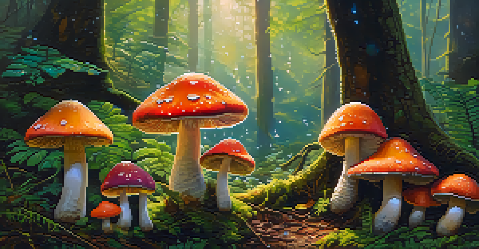 Close-up of colorful mushrooms in a green forest with dew drops and dappled sunlight.