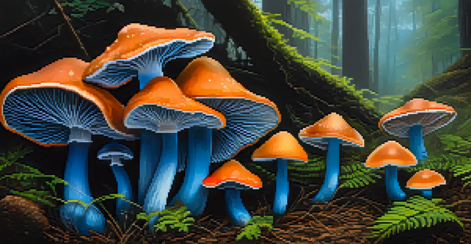 A close-up of vibrant psilocybin mushrooms in a damp forest, showcasing their colors and textures against the surroundings.