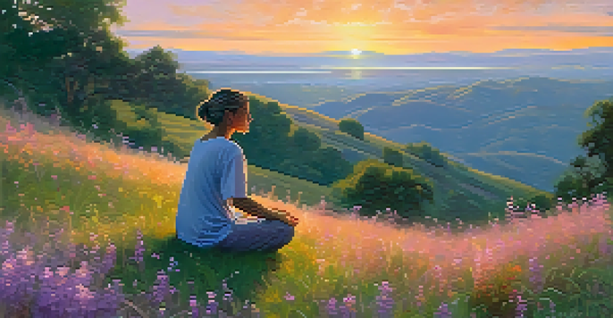 A person meditating on a grassy hilltop during sunset, surrounded by wildflowers, exuding tranquility and peace.