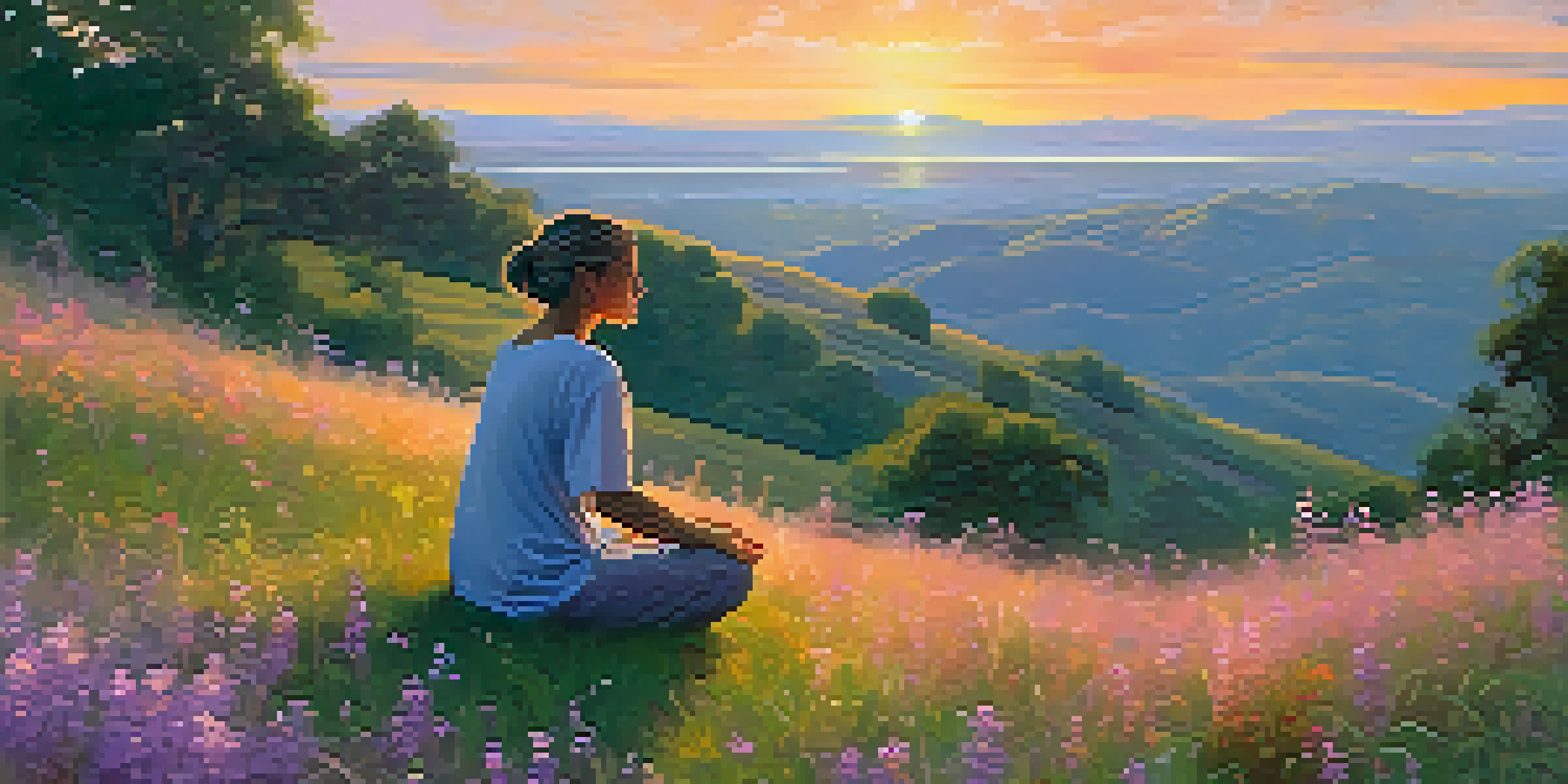 A person meditating on a grassy hilltop during sunset, surrounded by wildflowers, exuding tranquility and peace.