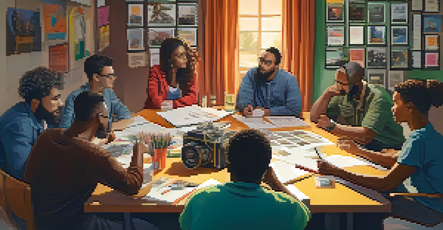 A diverse group of filmmakers brainstorming together around a table filled with storyboards and colorful sketches.
