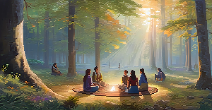 A group of diverse people sitting in a circle in a forest during sunrise, sharing their experiences with warm golden light filtering through the trees.