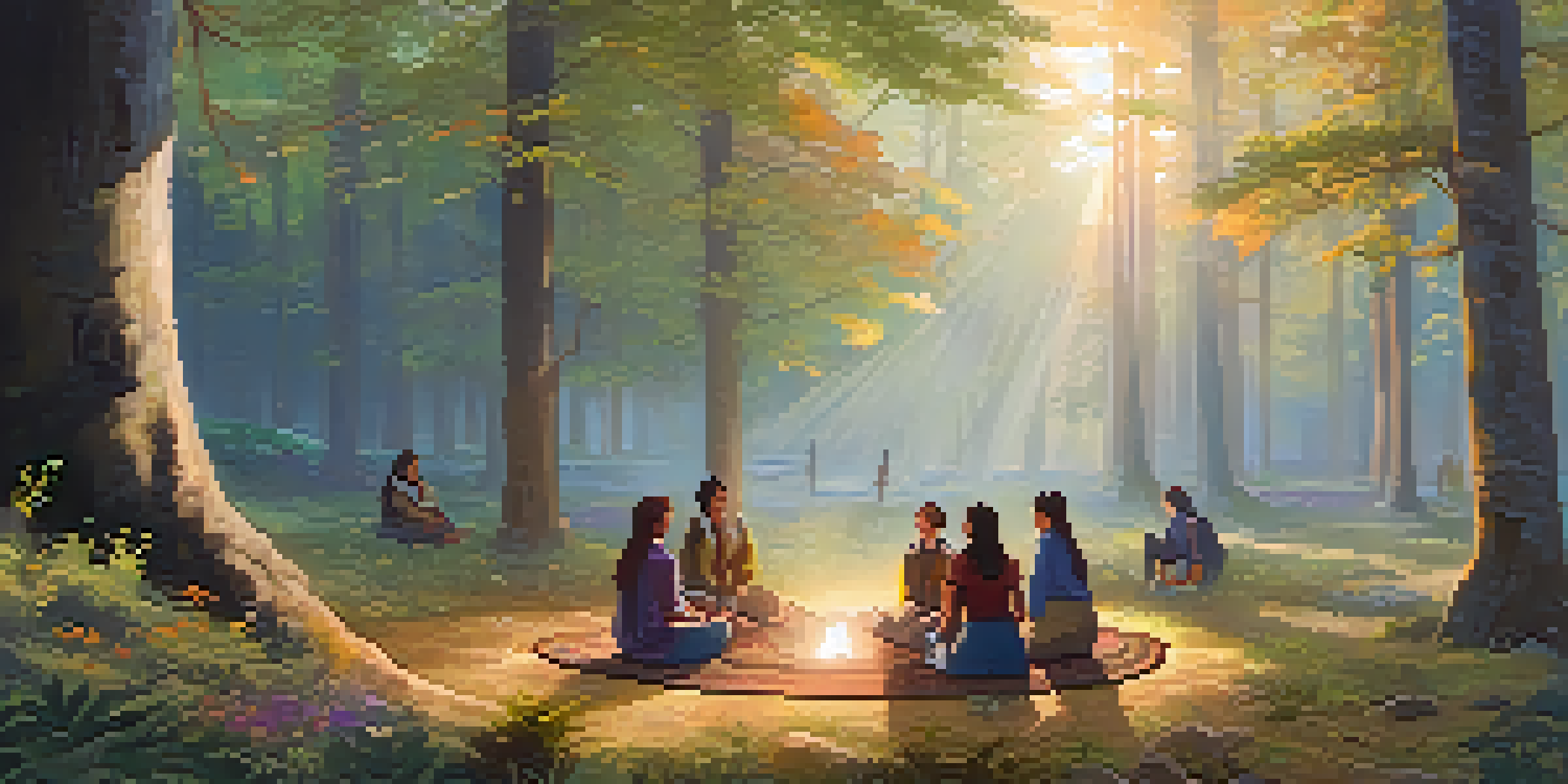 A group of diverse people sitting in a circle in a forest during sunrise, sharing their experiences with warm golden light filtering through the trees.