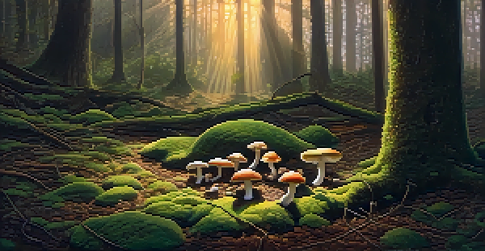 A peaceful forest scene with sunlight shining through trees and illuminating mushrooms on the ground.