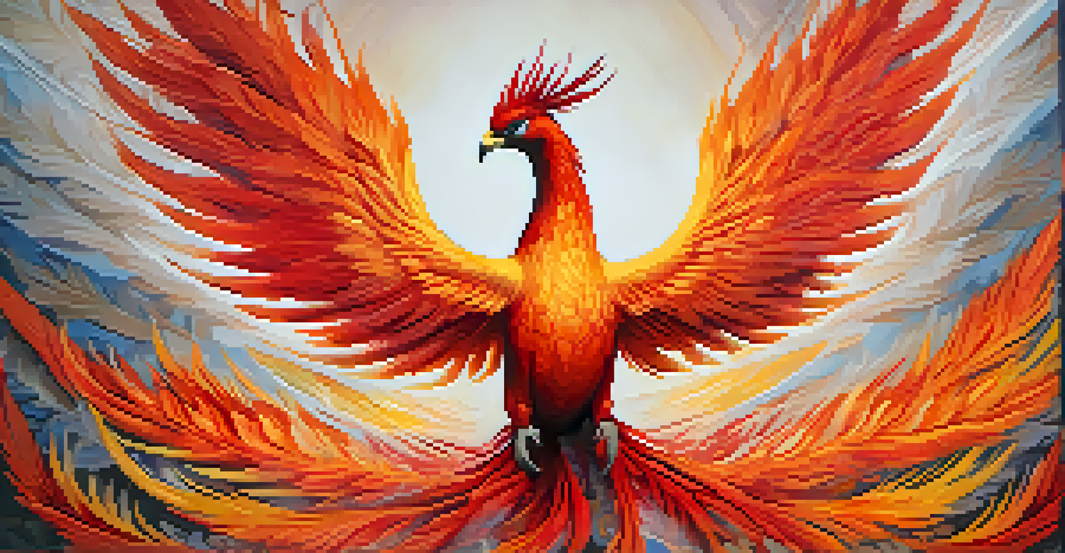 An abstract phoenix rising from ash, symbolizing emotional resilience with vibrant colors in the background.
