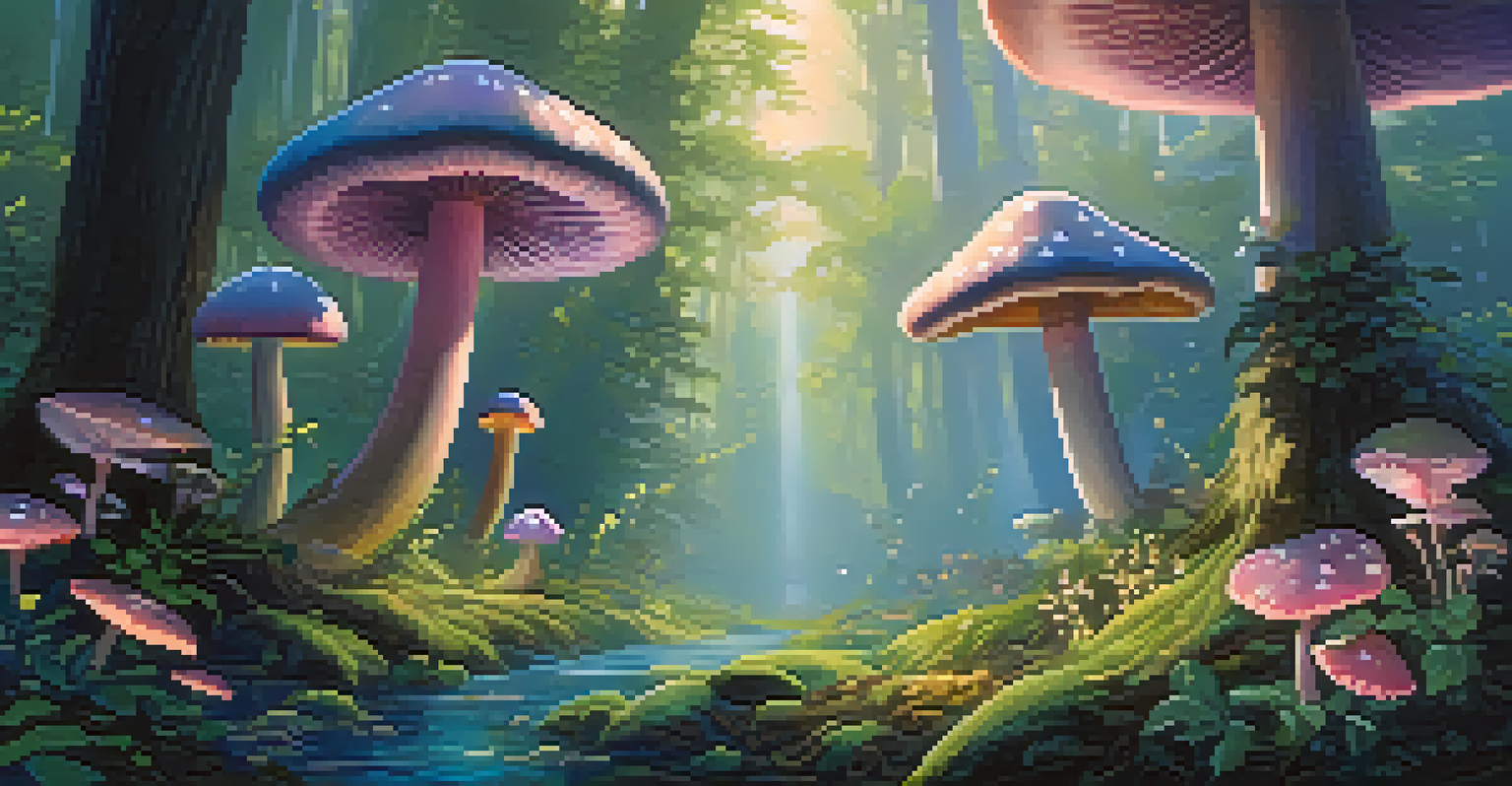 A magical forest scene with luminescent flowers, glowing mushrooms, and tiny creatures fluttering about.