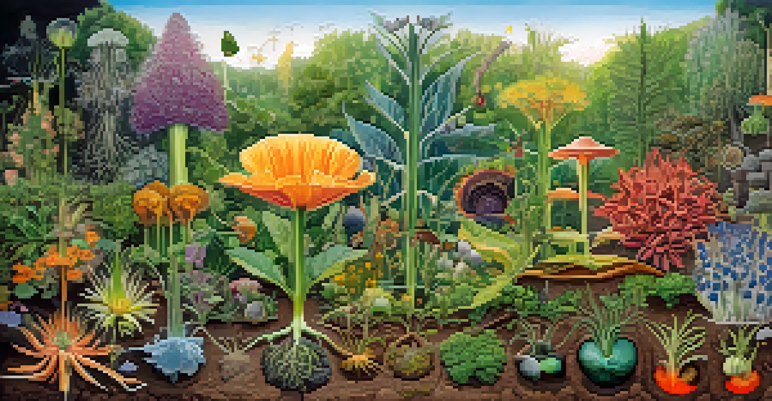 An illustration showing the life cycle of an entheogenic plant, from seed to flower, with colorful details and a natural background of diverse plants and animals.