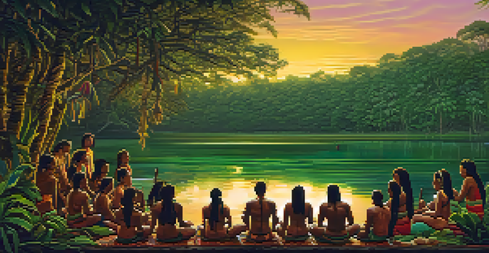 Indigenous people in traditional attire participating in an ayahuasca ceremony by a river in the Amazon rainforest at sunset.