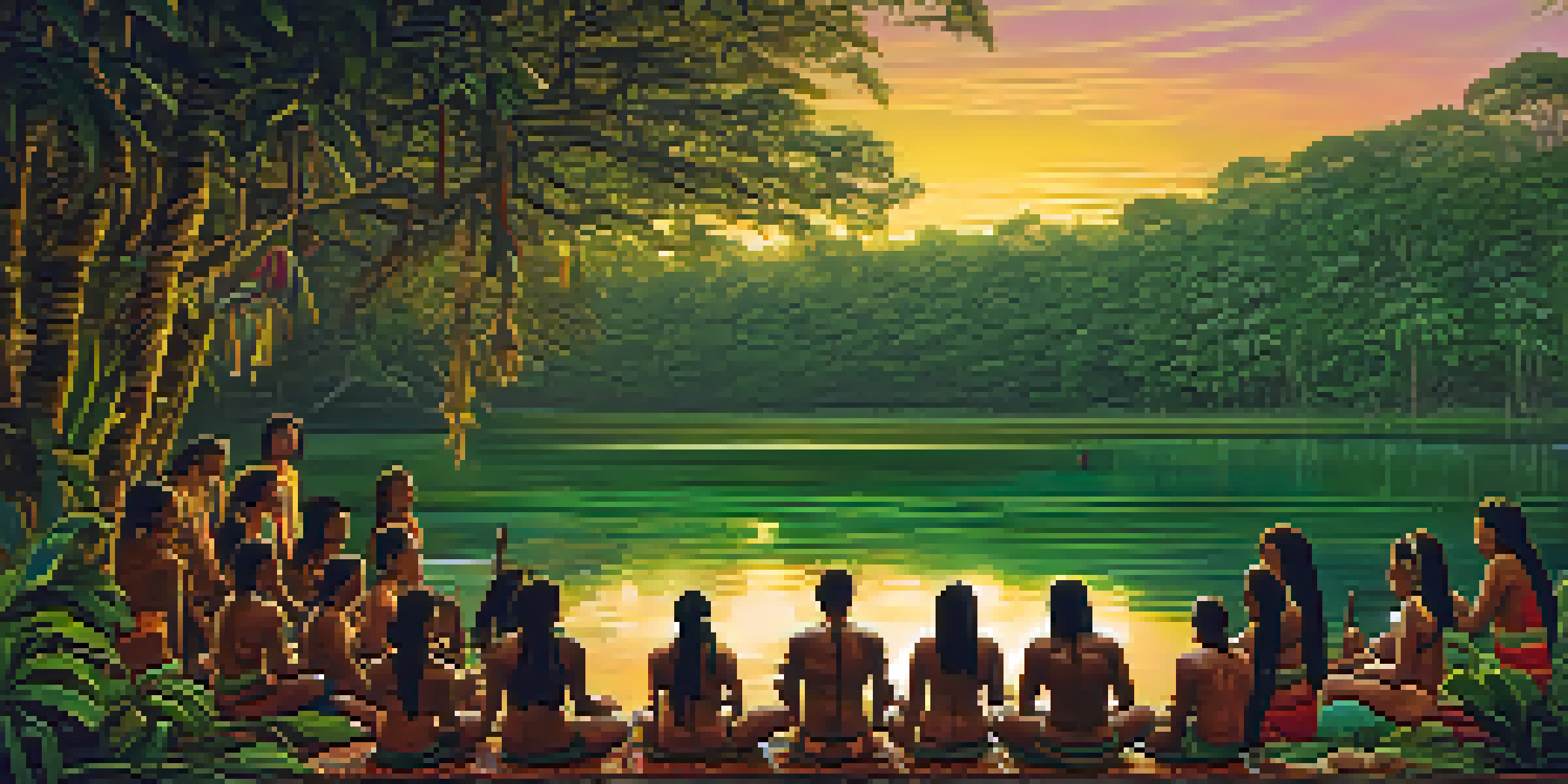 Indigenous people in traditional attire participating in an ayahuasca ceremony by a river in the Amazon rainforest at sunset.