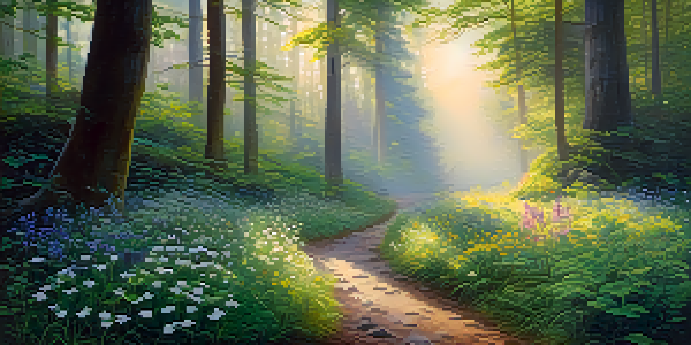 A tranquil forest path at dawn, surrounded by mist and colorful wildflowers, illuminated by soft golden light.