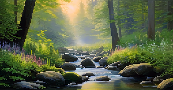 A tranquil forest with sunlight streaming through misty trees and a gentle stream flowing over smooth stones.