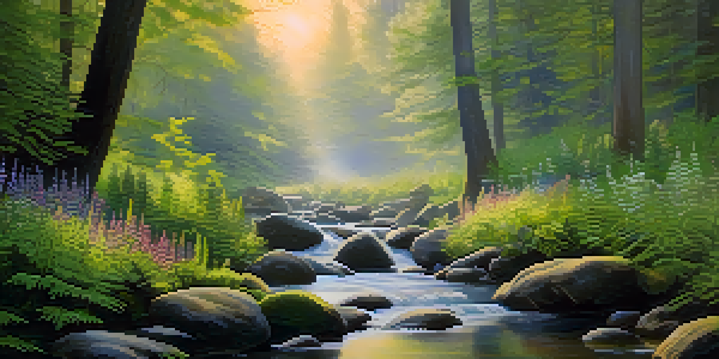 A tranquil forest with sunlight streaming through misty trees and a gentle stream flowing over smooth stones.