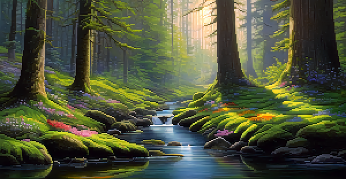 A tranquil forest with sunlight streaming through trees, a stream, and butterflies.