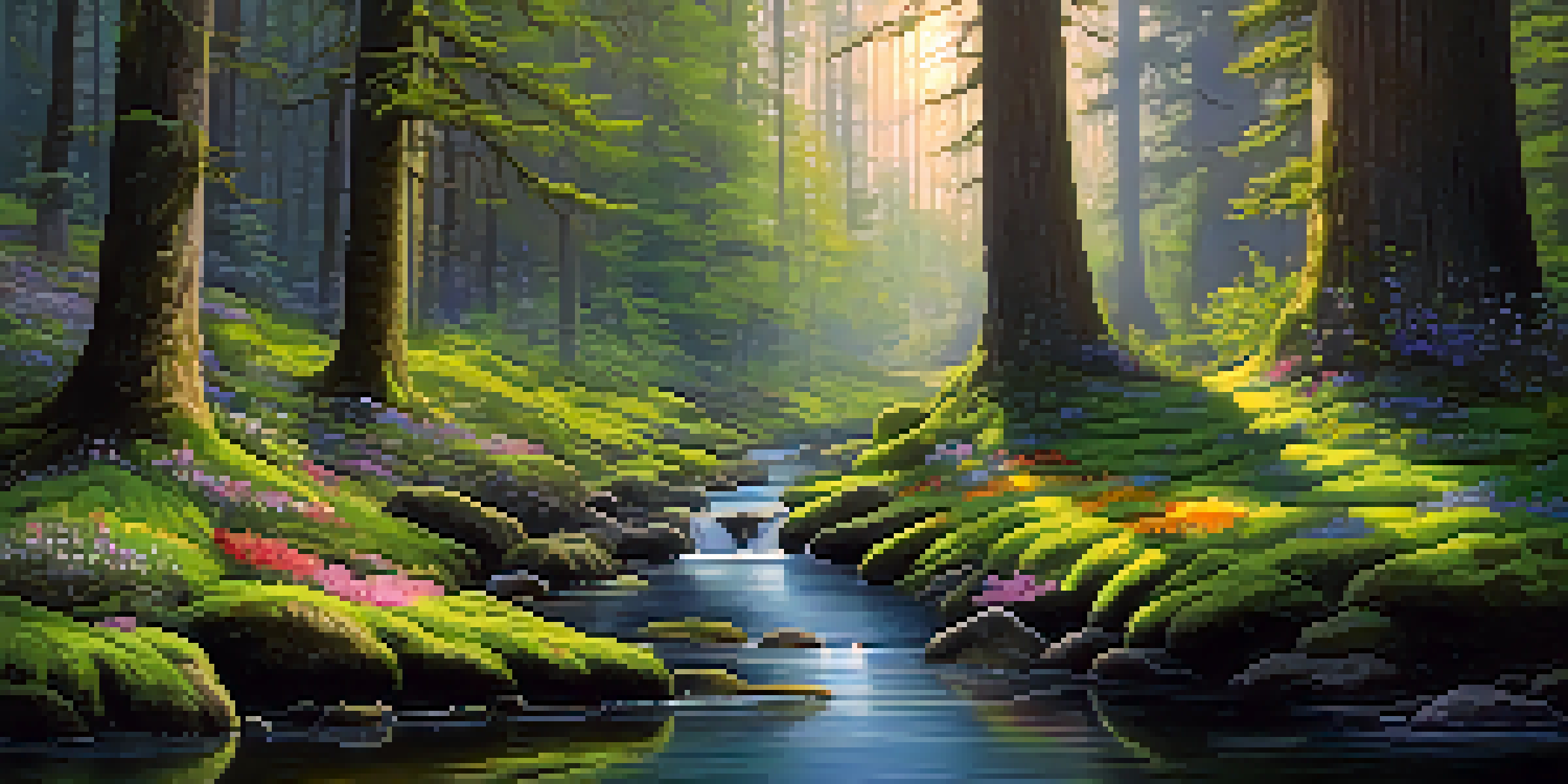 A tranquil forest with sunlight streaming through trees, a stream, and butterflies.