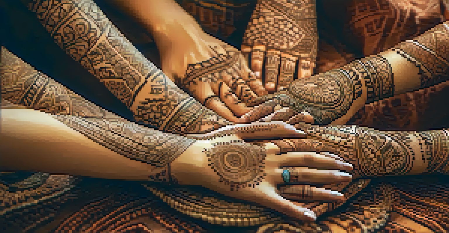 Close-up of hands with henna designs coming together, set against a warm background.