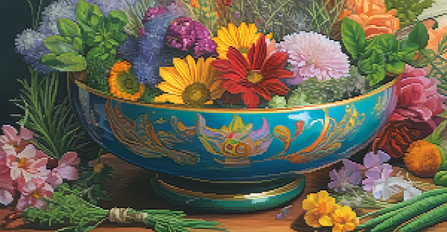 Close-up of hands holding a bowl of colorful herbs and flowers used in a spiritual ritual.