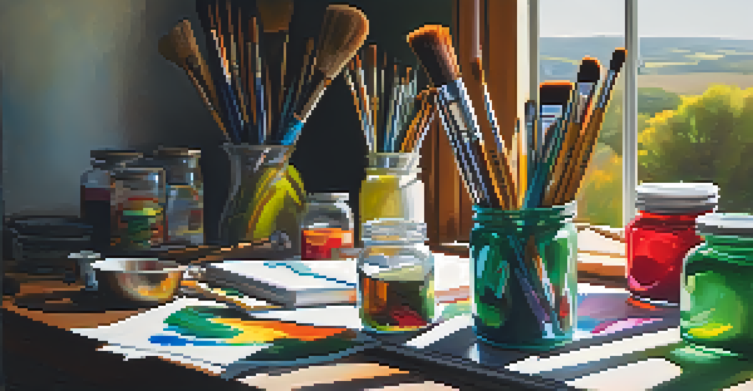 An artist's workspace with a canvas, paint tubes, brushes, and natural light streaming in from a window.