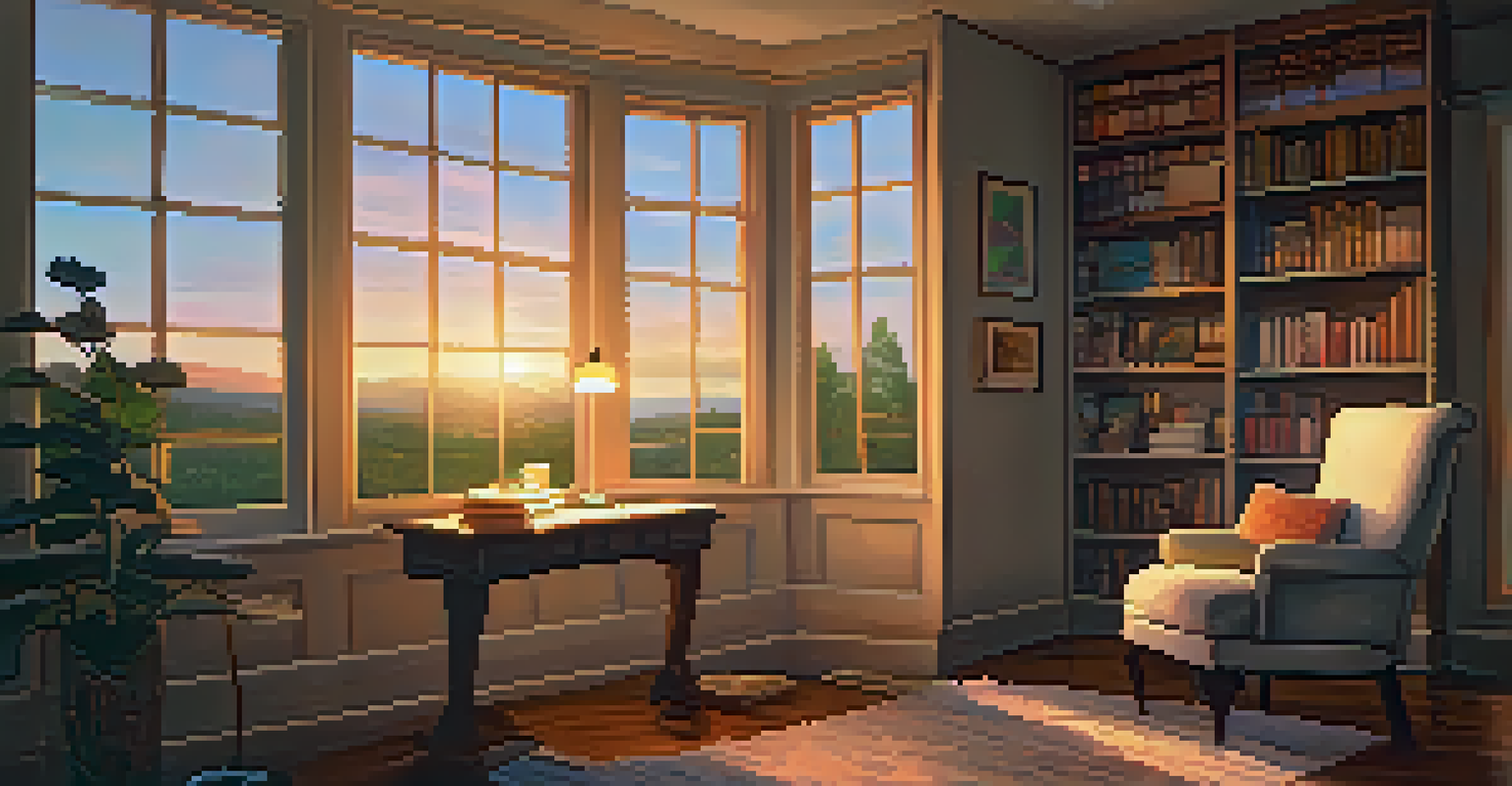 A cozy room with a sunset view through a large window, featuring a comfortable chair and a table with journals and art supplies, suggesting a space for reflection and creativity.
