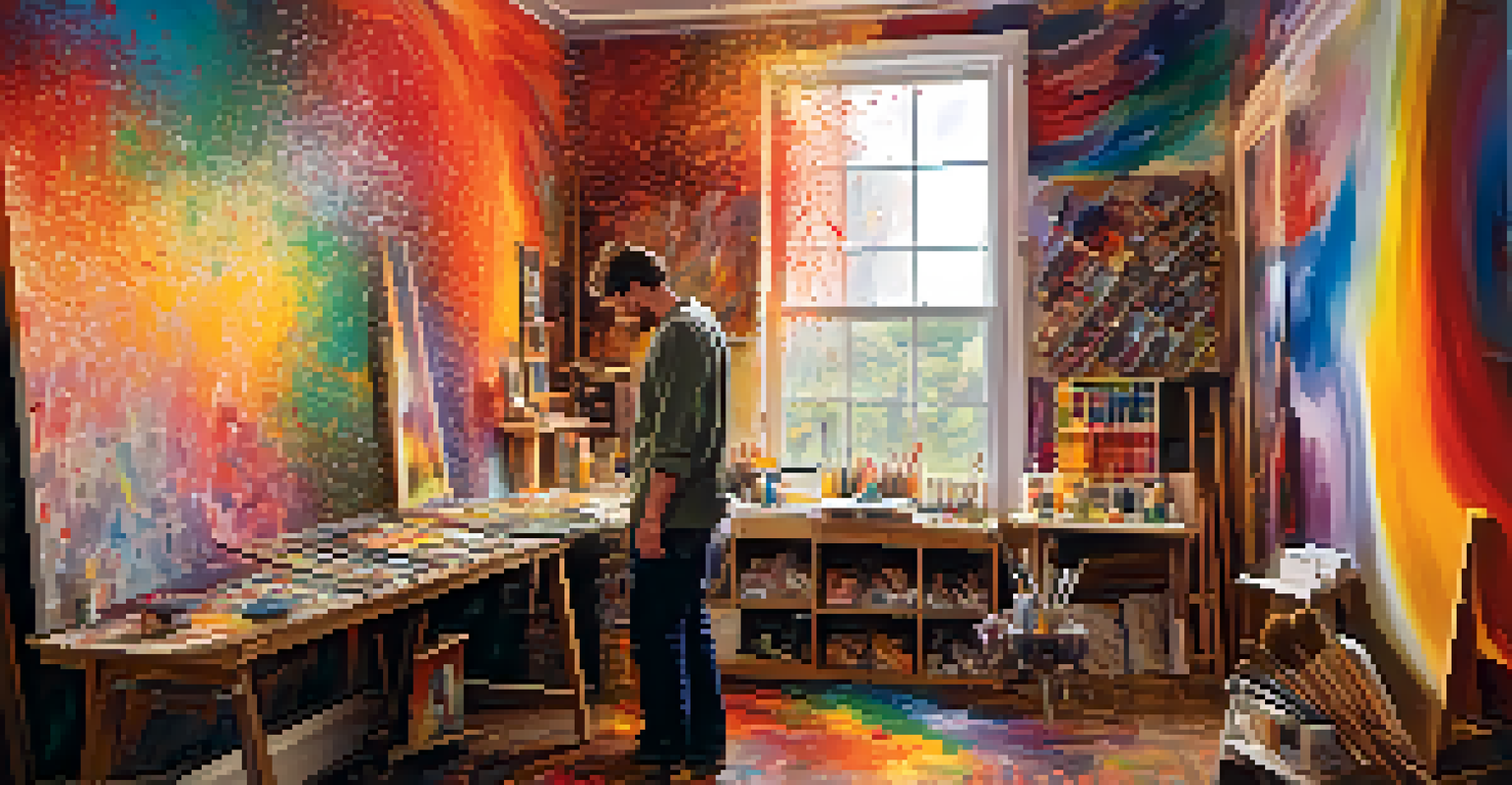 An artist painting in a colorful studio filled with vibrant artworks and brushes.