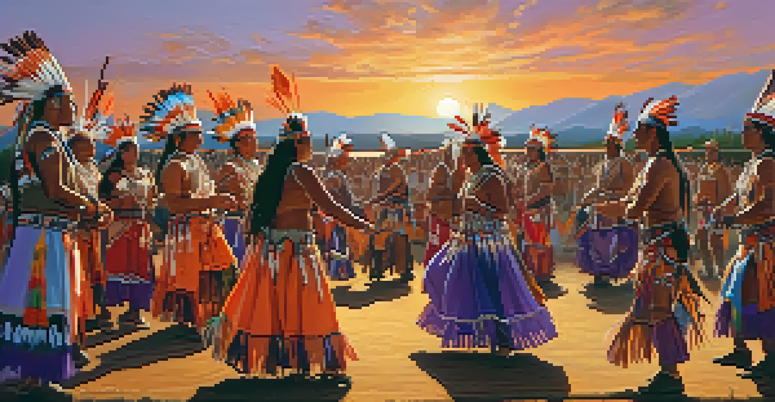 A lively powwow with dancers in colorful attire and a sunset backdrop.