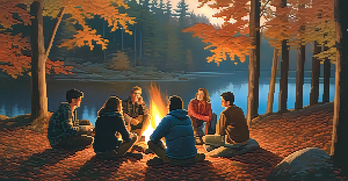 A group of friends gathered around a campfire in a forest during autumn, with colorful leaves and a twilight sky.