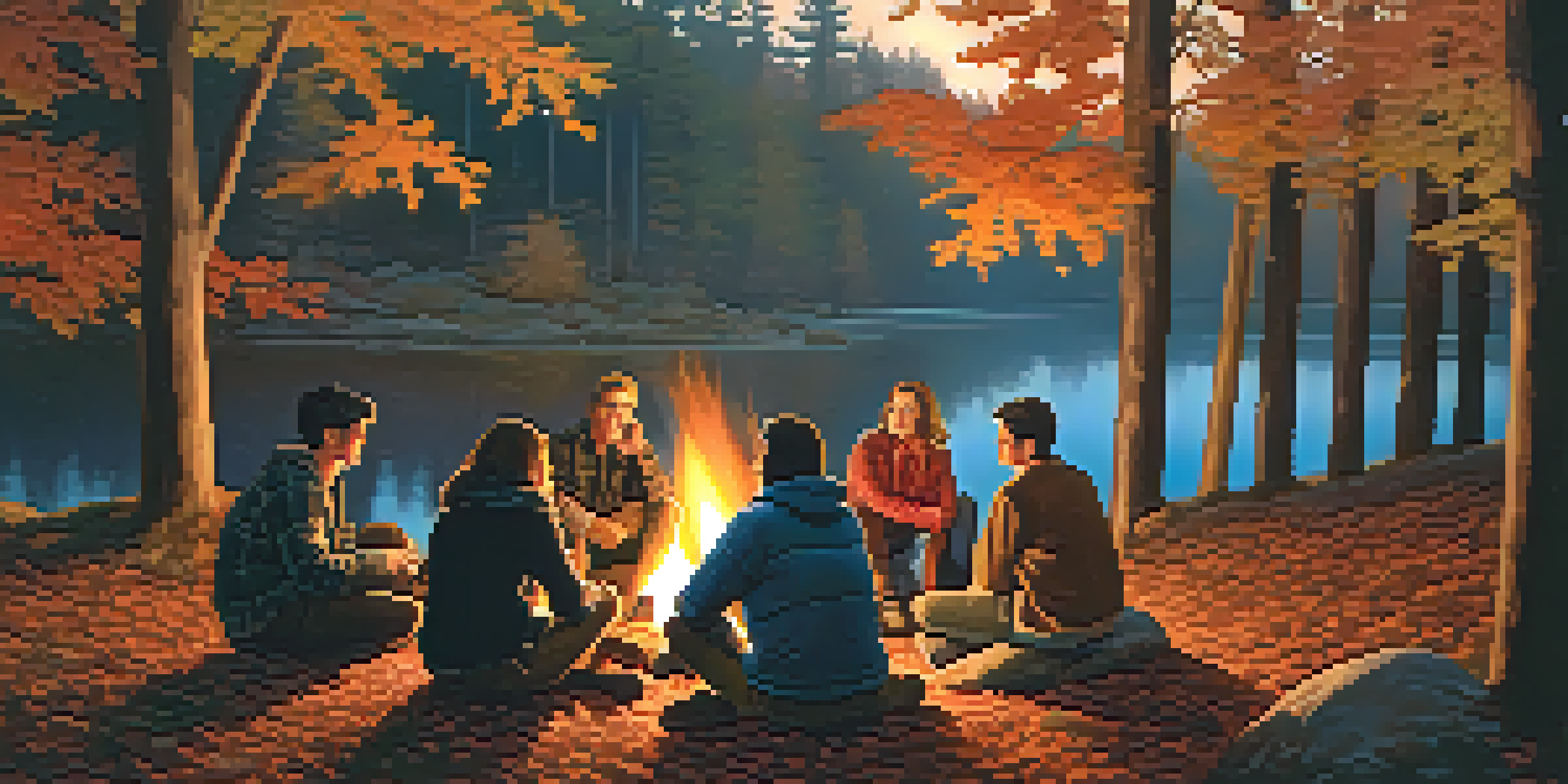 A group of friends gathered around a campfire in a forest during autumn, with colorful leaves and a twilight sky.