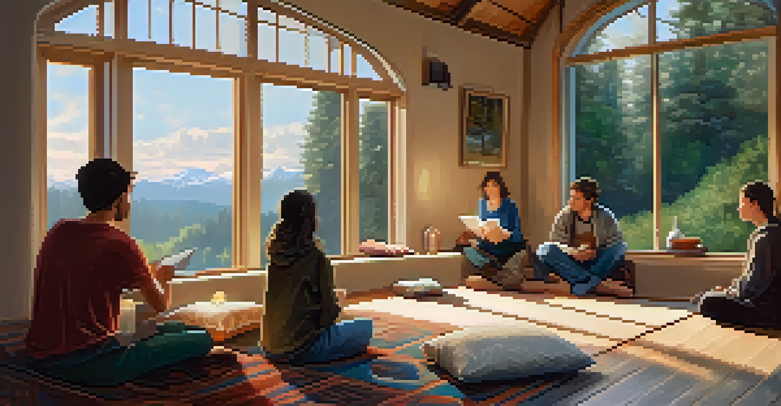 An intimate gathering space with cushions and blankets, where people are sharing insights, with one person journaling and others listening attentively.