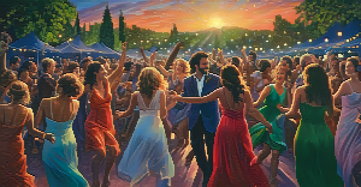 A lively Bacchanalia festival with participants dancing under a starlit sky, surrounded by wine and greenery.
