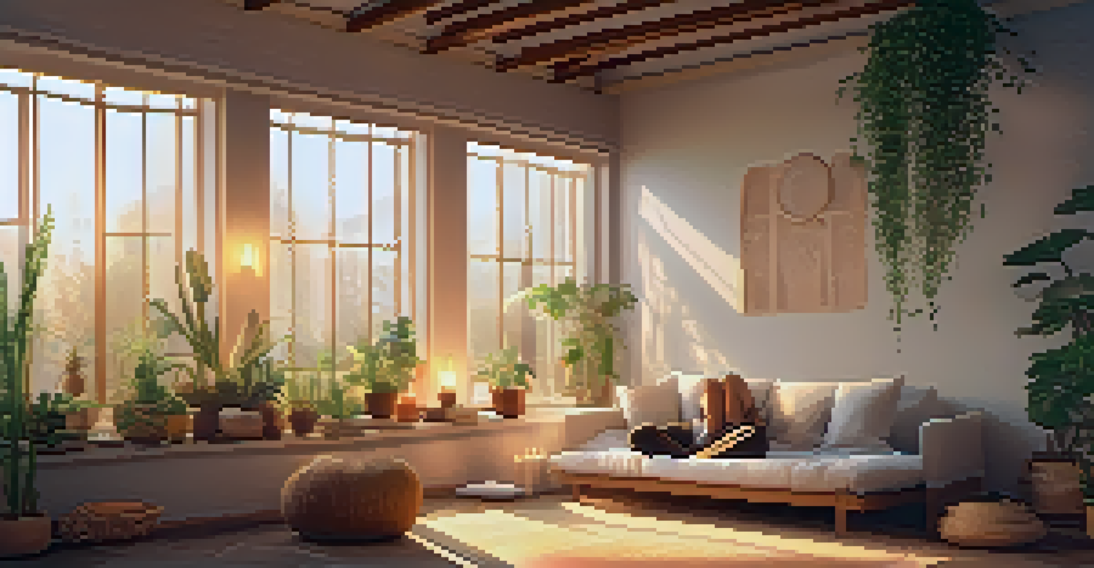 A peaceful meditation space with cushions, plants, and warm lighting, featuring a person meditating.