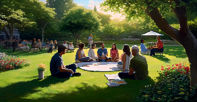 A diverse group of people sitting in a circle in a green garden, participating in a therapy session, surrounded by flowers and sunlight.