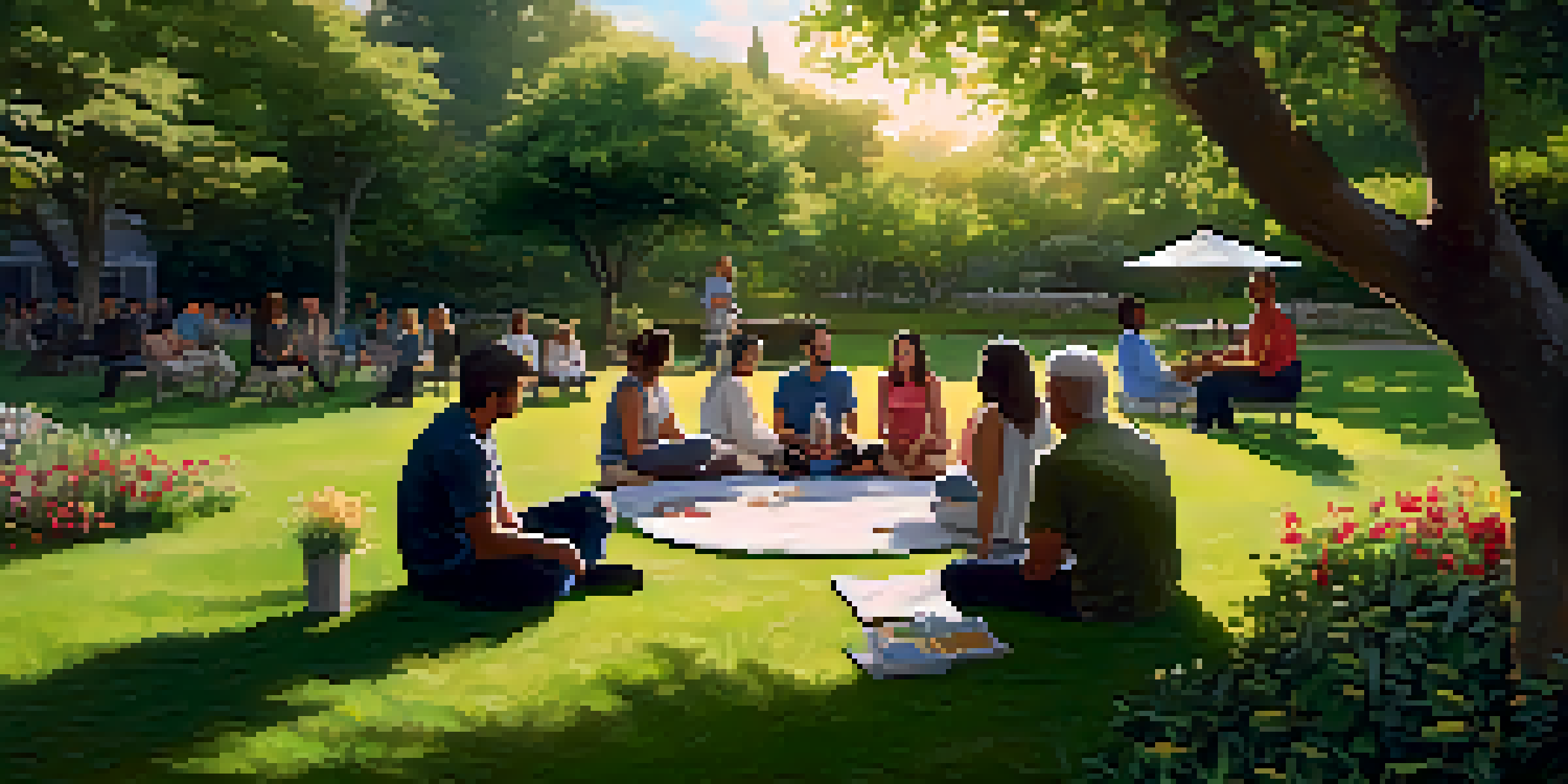 A diverse group of people sitting in a circle in a green garden, participating in a therapy session, surrounded by flowers and sunlight.