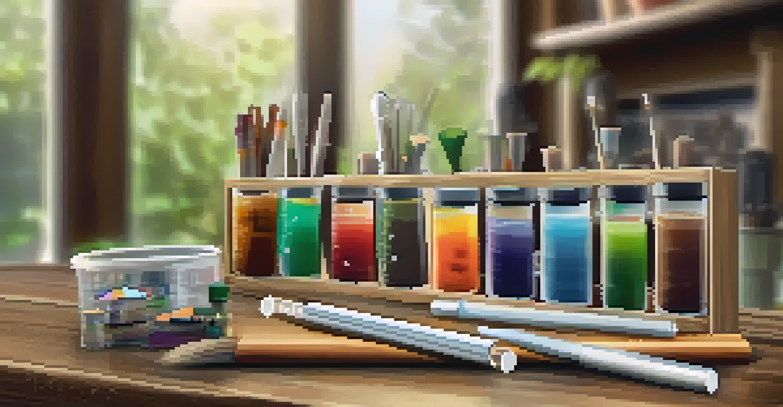 A close-up of a soil testing kit with soil samples and colorful liquids on a wooden table.
