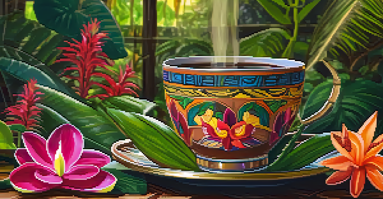 A traditional cup of ayahuasca brew with tropical plants around it.