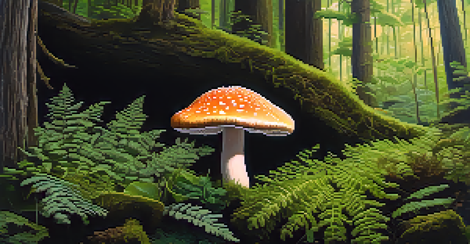 A close-up of a psilocybin mushroom growing in a green forest, surrounded by ferns and moss, illuminated by soft sunlight.