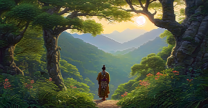 A shaman in traditional attire stands in a forest clearing at dusk, surrounded by trees and illuminated by soft golden light.