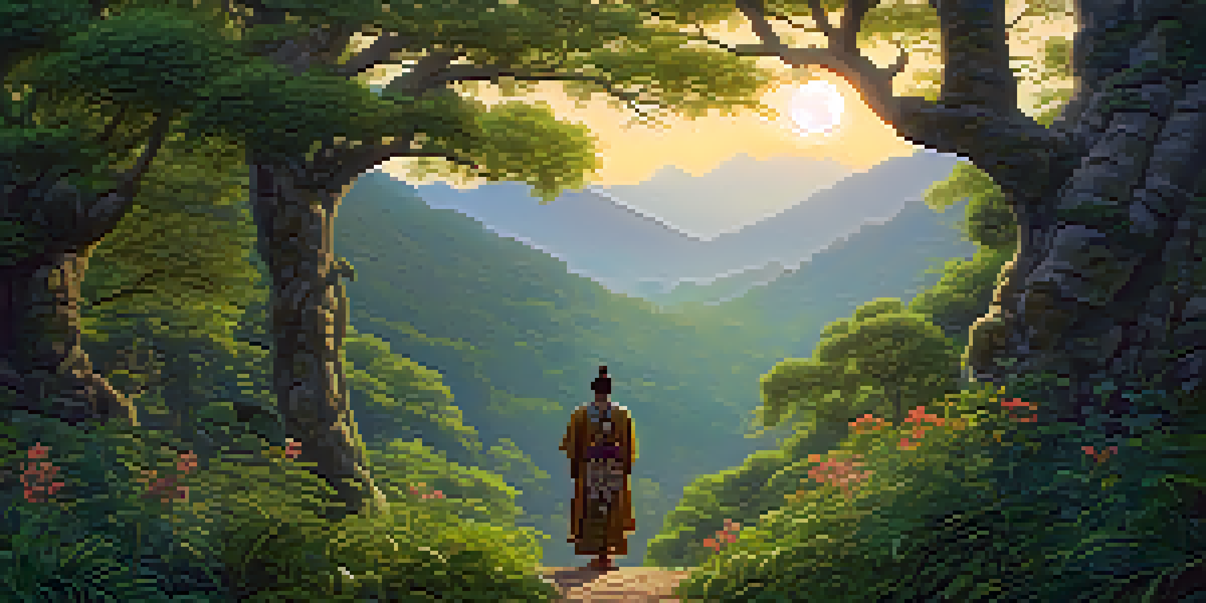 A shaman in traditional attire stands in a forest clearing at dusk, surrounded by trees and illuminated by soft golden light.
