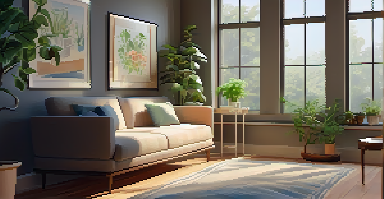 A cozy therapy room with soft lighting, a couch, and a view of a garden outside.