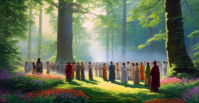A tranquil forest with sunlight filtering through tall trees, featuring people in traditional attire engaged in a ritual surrounded by flowers and mist.
