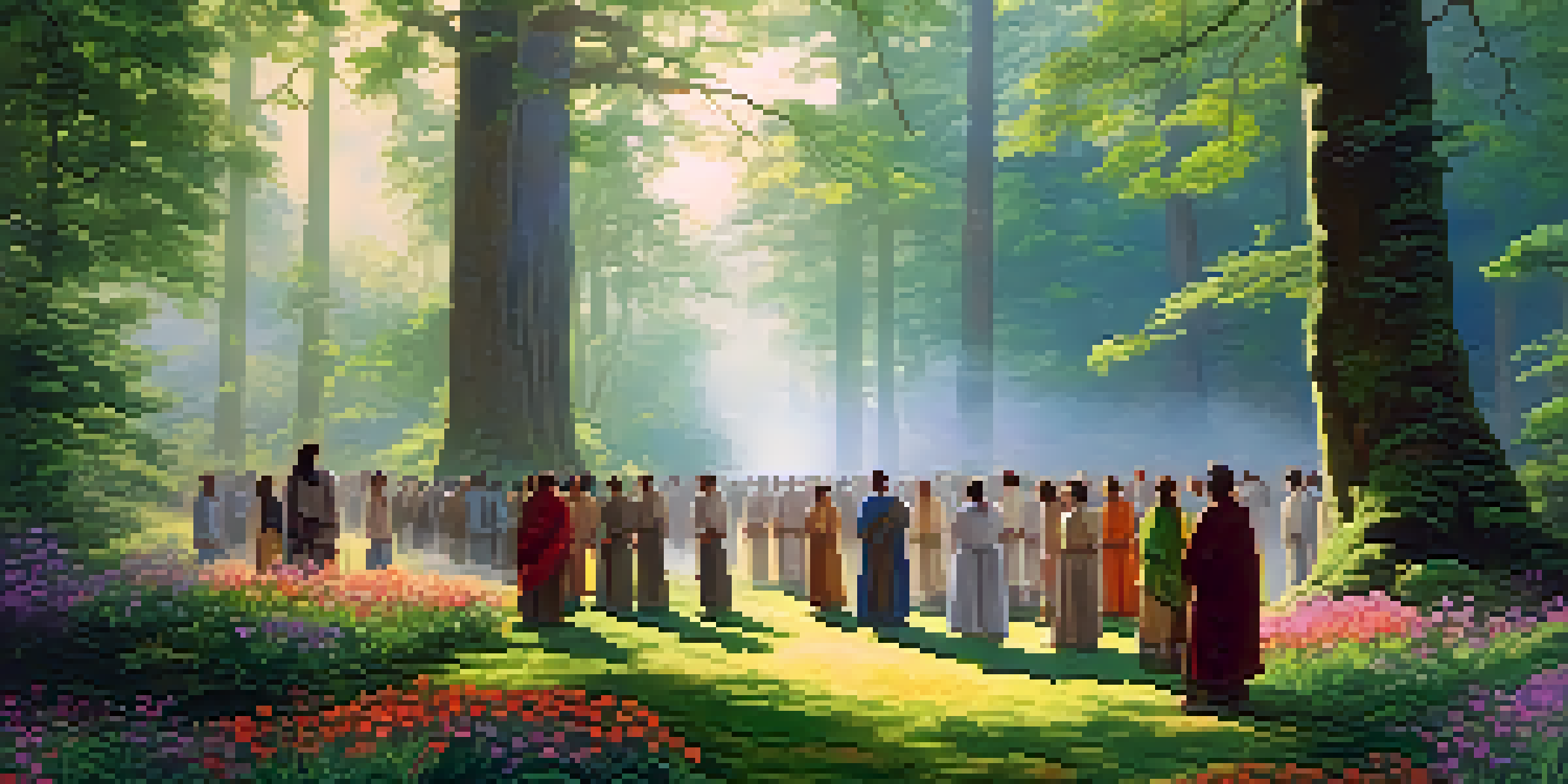 A tranquil forest with sunlight filtering through tall trees, featuring people in traditional attire engaged in a ritual surrounded by flowers and mist.