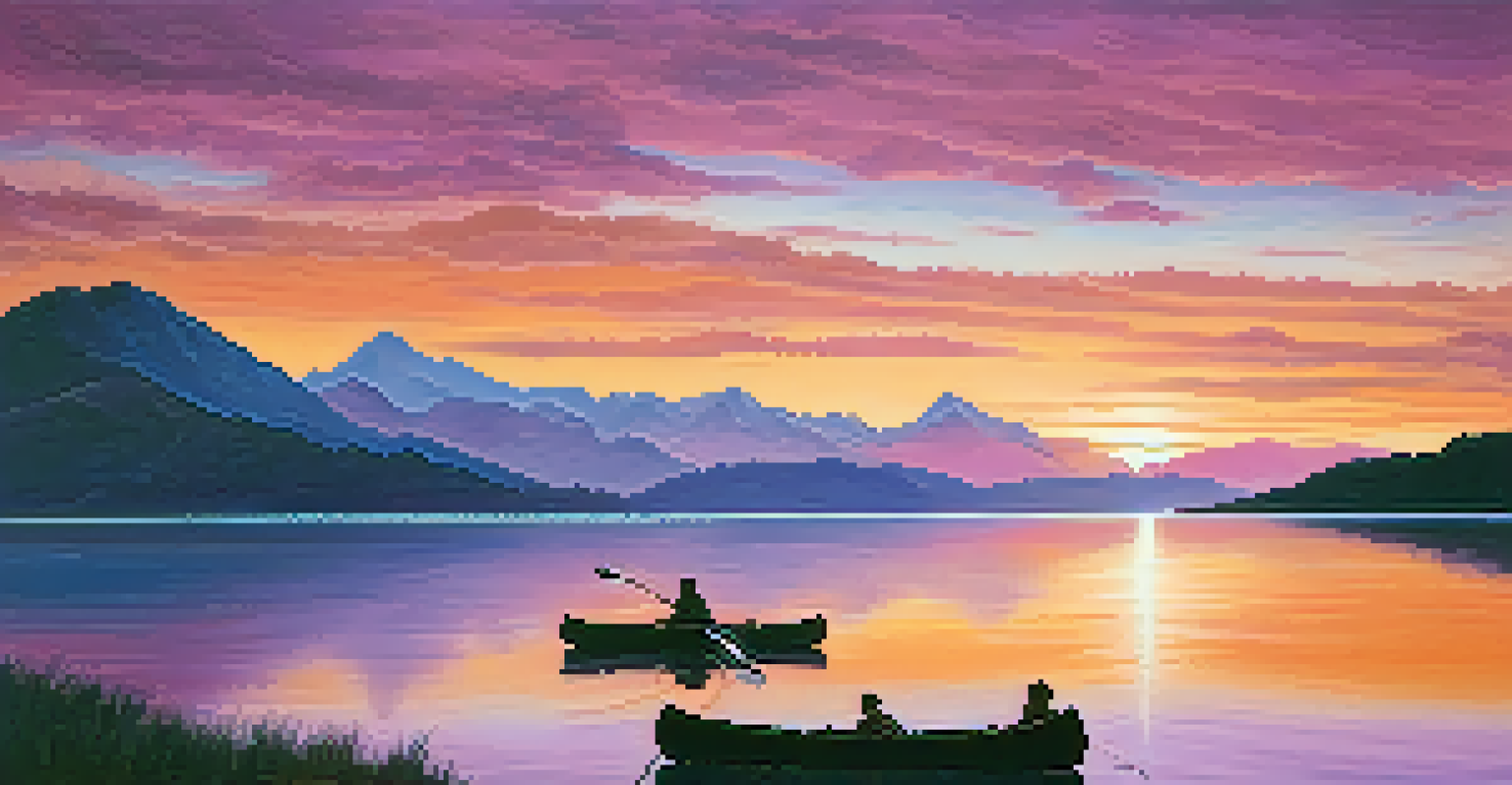 A breathtaking sunset over a calm lake with mountains in the background and a canoe on the water.
