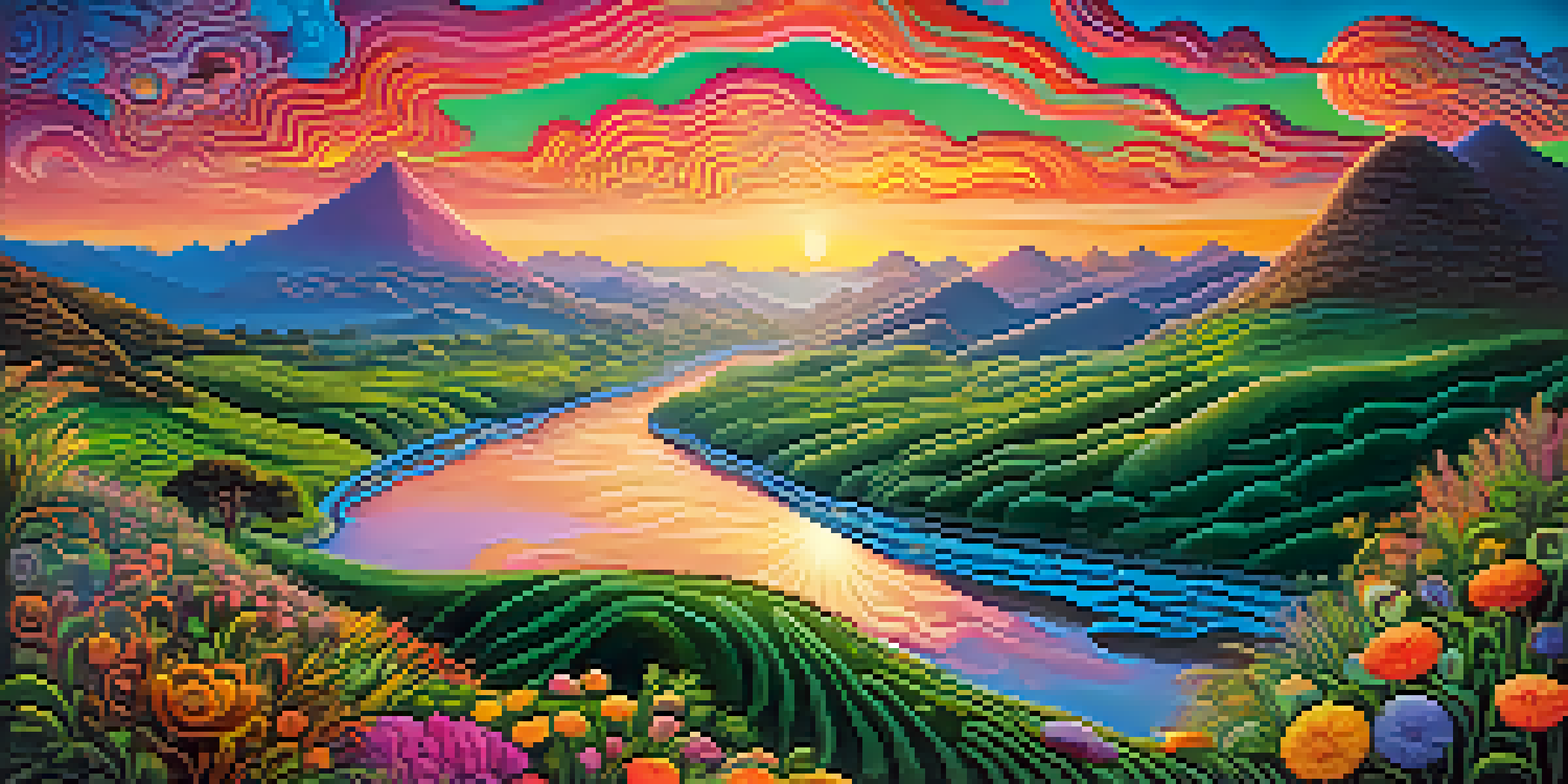 A colorful surreal landscape with a swirling sunset, intricate floral designs, and a river reflecting vivid colors.